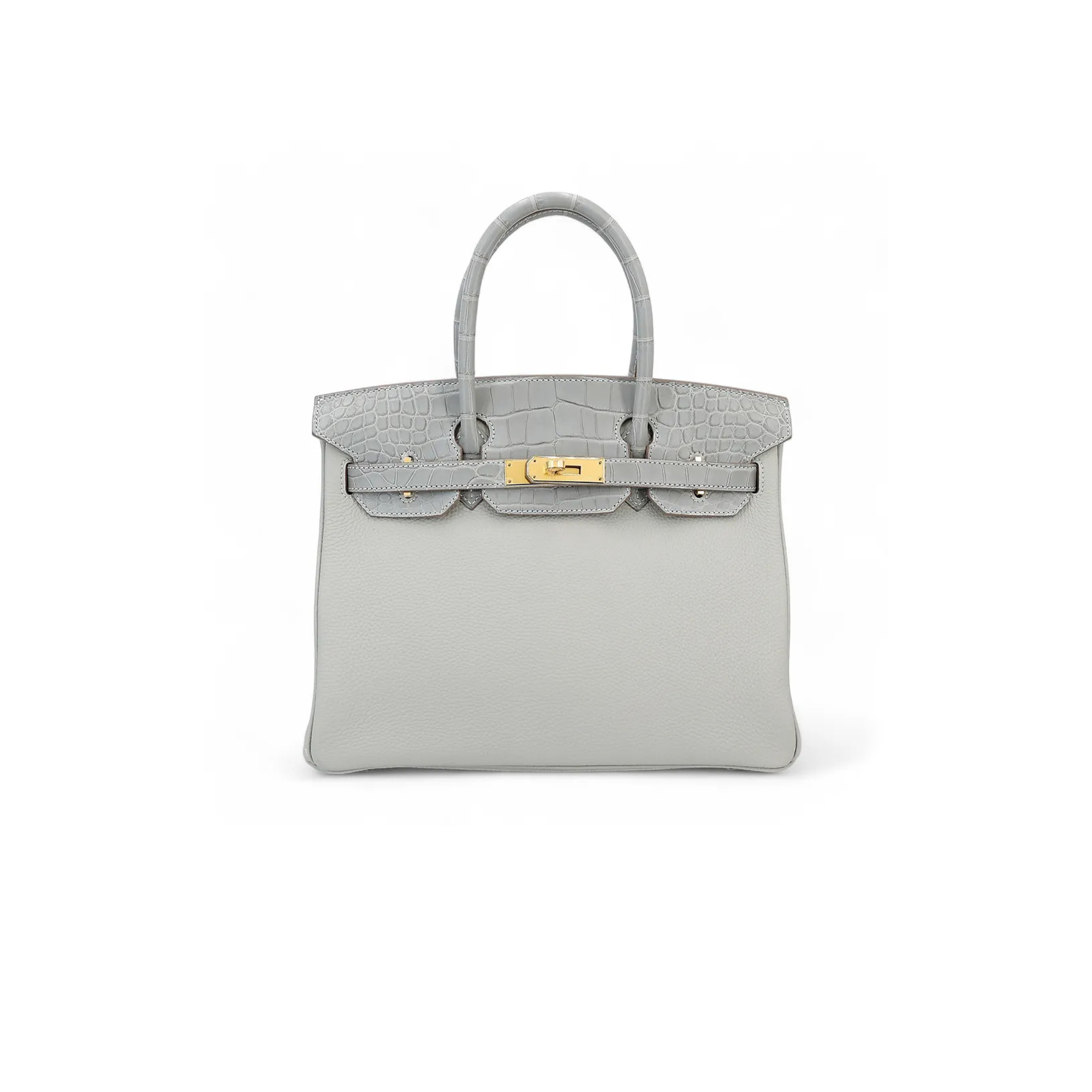 H**mes master birkin 25 crocodile and togo leather pearl grey gold buckle h076216ck15 (25*20*13cm)